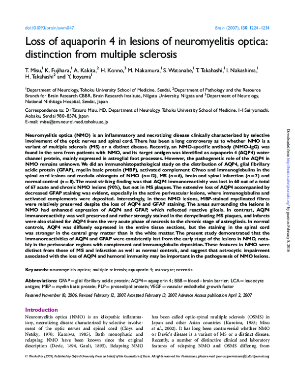 (PDF) Loss of aquaporin 4 in lesions of neuromyelitis optica ...