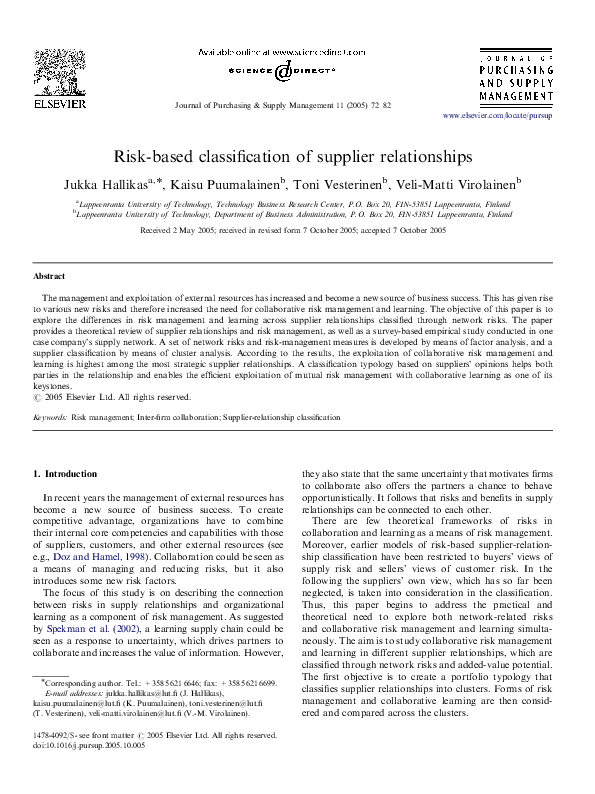 (PDF) Risk-based classification of supplier relationships