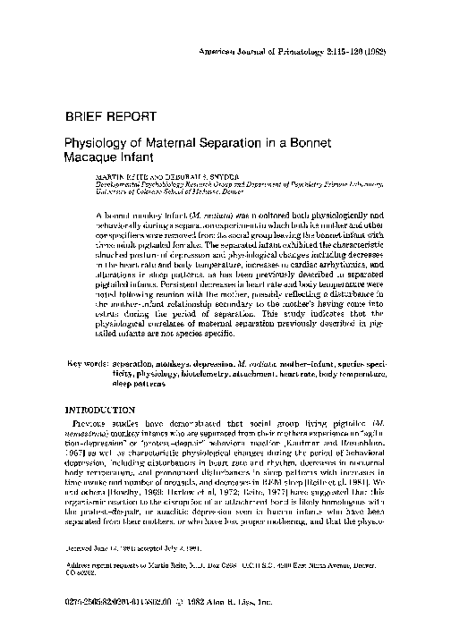(PDF) Physiology of maternal separation in a bonnet macaque infant