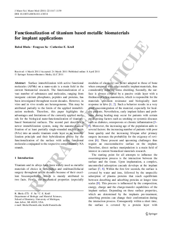 (PDF) Functionalization of titanium based metallic biomaterials for