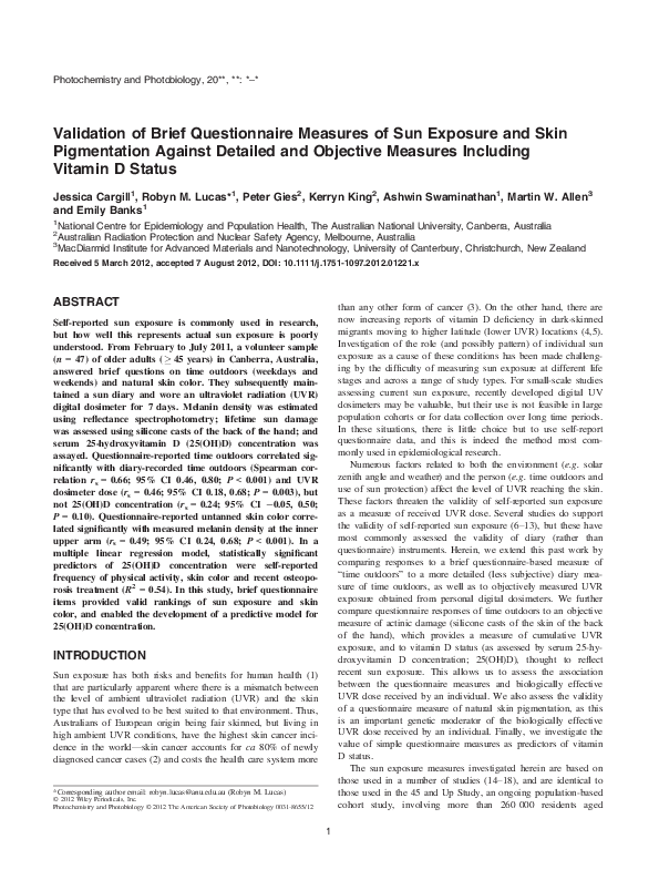 (PDF) Validation of Brief Questionnaire Measures of Sun Exposure and ...