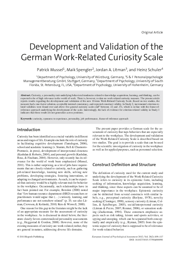 (PDF) Development and Validation of the German Work-Related Curiosity Scale