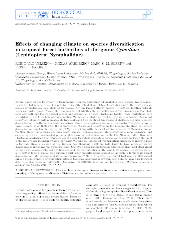 (PDF) Effects of changing climate on species diversification in ...