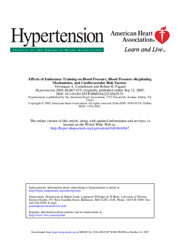 (PDF) Effects of Endurance Training on Blood Pressure, Blood Pressure