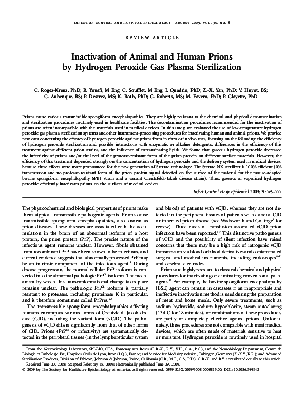 (PDF) Inactivation of Animal and Human Prions by Hydrogen Peroxide Gas ...