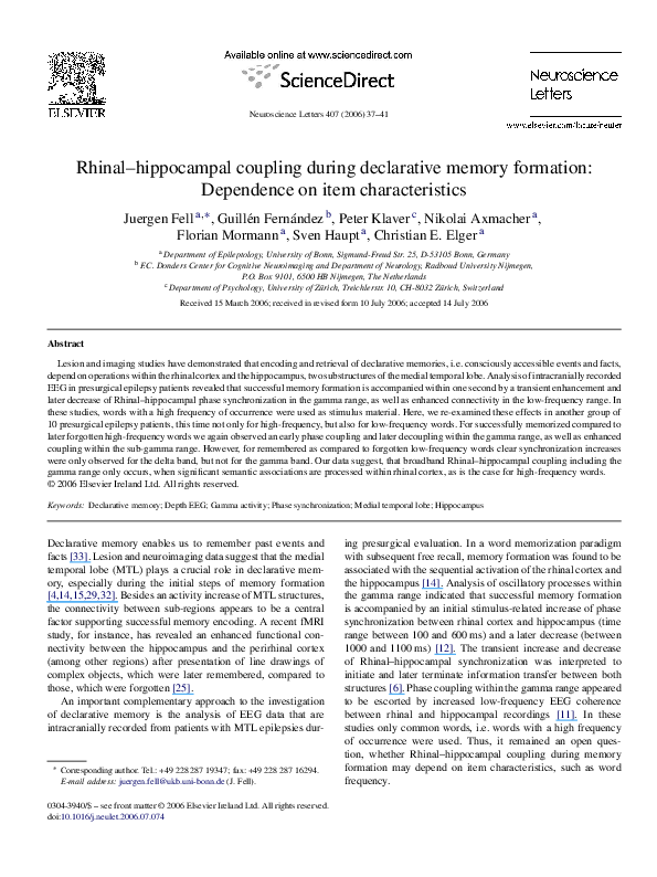 (PDF) Rhinal–hippocampal coupling during declarative memory formation ...
