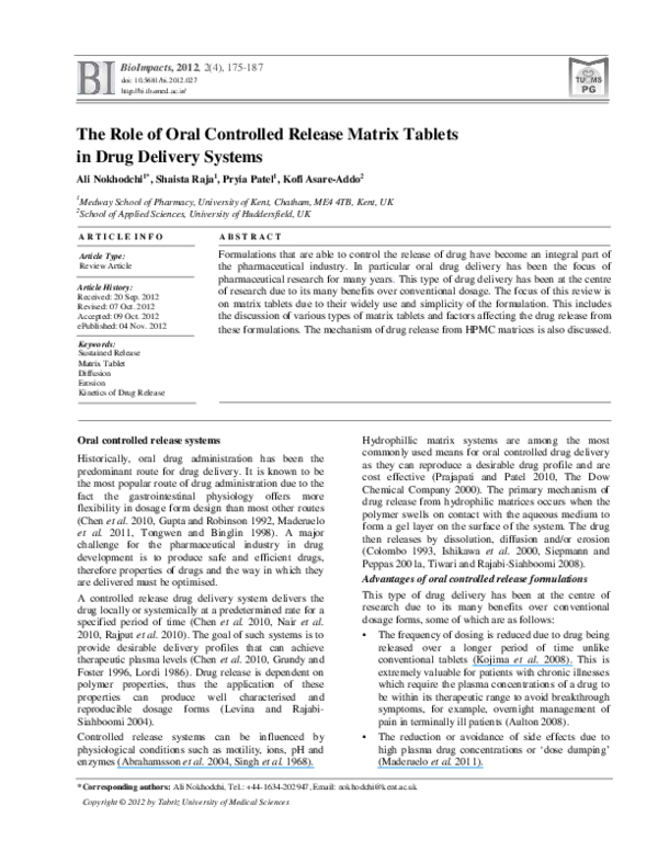 (PDF) The role of oral controlled release matrix tablets in drug