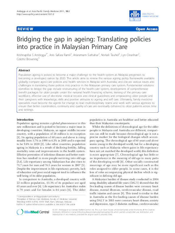 (PDF) Bridging the gap in ageing: Translating policies into practice in ...