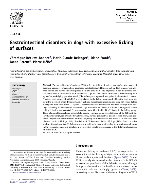Pdf Gastrointestinal Disorders In Dogs With Excessive Licking Of Surfaces Marie Claude Belanger Joane Parent And Diane Frank Academia Edu