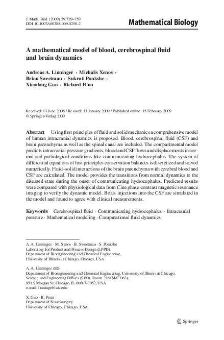 (PDF) A mathematical model of blood, cerebrospinal fluid and brain dynamics