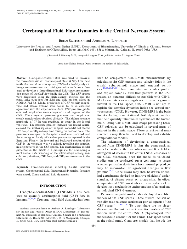 (PDF) Cerebrospinal Fluid Flow Dynamics in the Central Nervous System