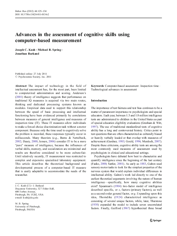 (PDF) Advances in the assessment of cognitive skills using computer ...