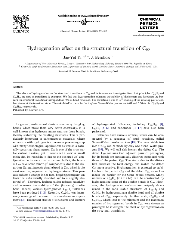 Pdf Hydrogenation Effect On The Structural Transition Of C60 J Bernholc And Jae Yel Yi Academia Edu