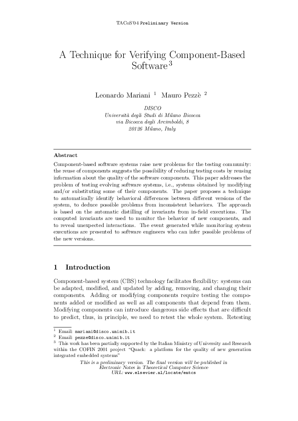 (PDF) A Technique for Verifying ComponentBased Software Mauro Pezzè