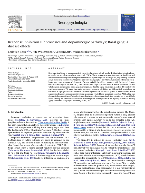 (PDF) Response inhibition subprocesses and dopaminergic pathways: Basal ...