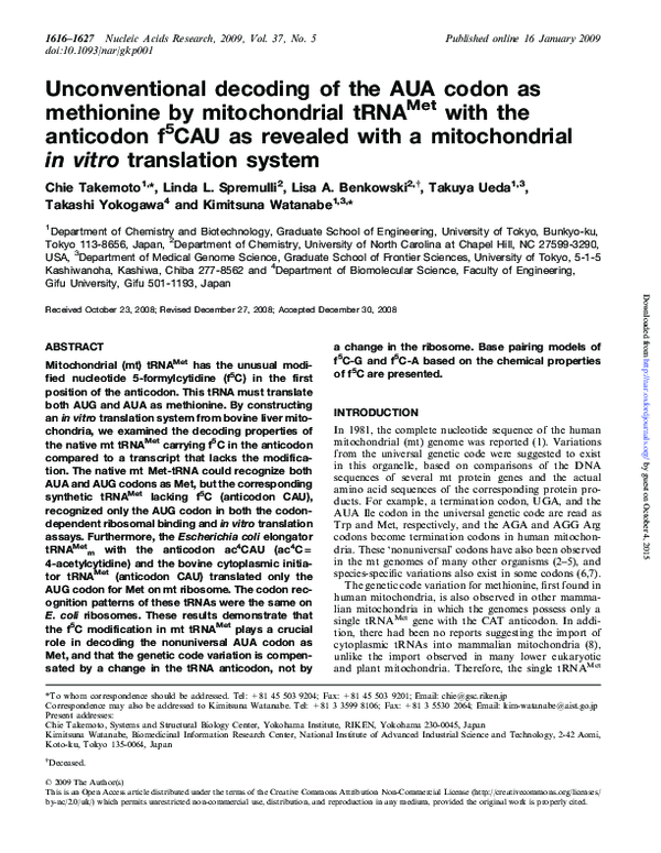 (PDF) Unconventional decoding of the AUA codon as methionine by ...