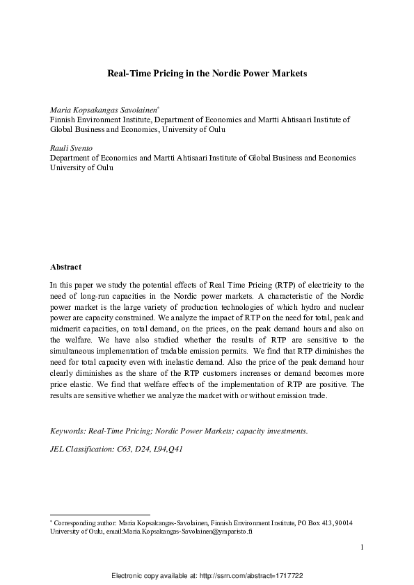 (PDF) RealTime Pricing in the Nordic Power markets Rauli Svento