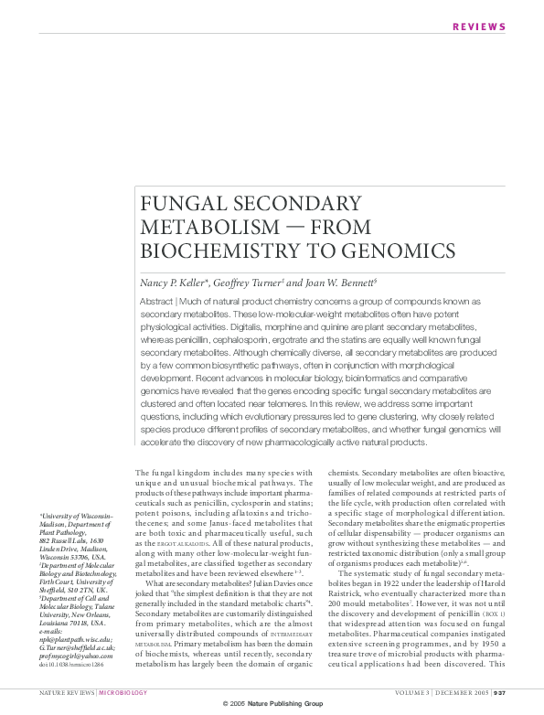 (PDF) Fungal secondary metabolism — from biochemistry to genomics
