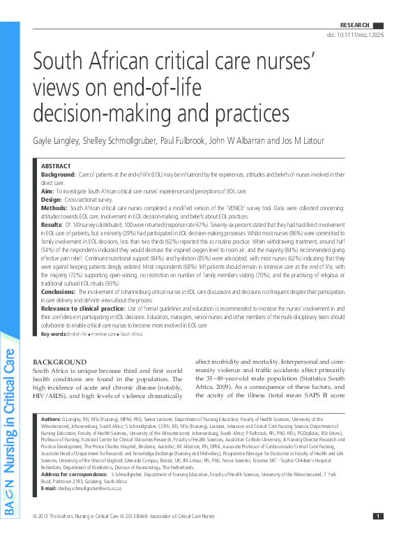 (PDF) South African critical care nurses' views on end-of-life decision ...