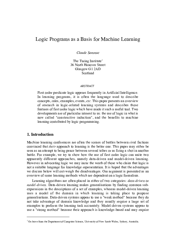 (PDF) Logic programs as a basis for machine learning