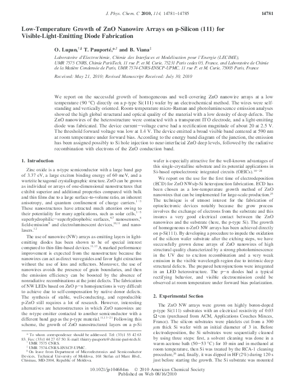 (PDF) Low-Temperature Growth of ZnO Nanowire Arrays on p-Silicon (111 ...