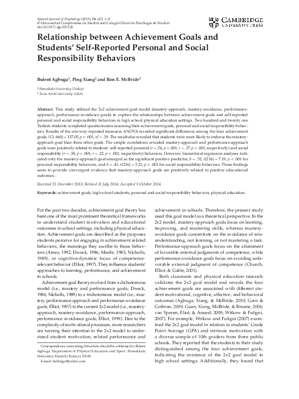(PDF) Relationship Between Achievement Goals and Students’ Self ...