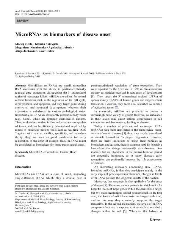 (PDF) MicroRNAs as biomarkers of disease onset