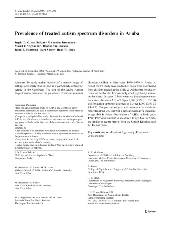 (PDF) Prevalence of treated autism spectrum disorders in Aruba Daphne