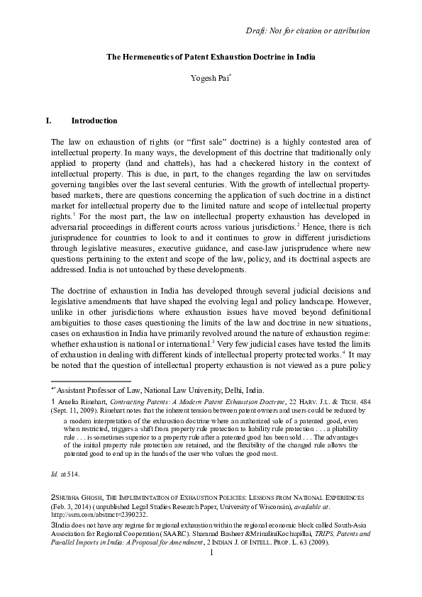(DOC) The Hermeneutics of Patent Exhaustion Doctrine in India Yogesh