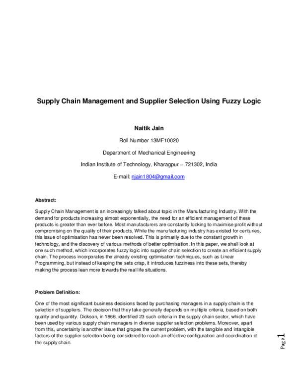 (PDF) Supply Chain Management and Supplier Selection Using Fuzzy Logic