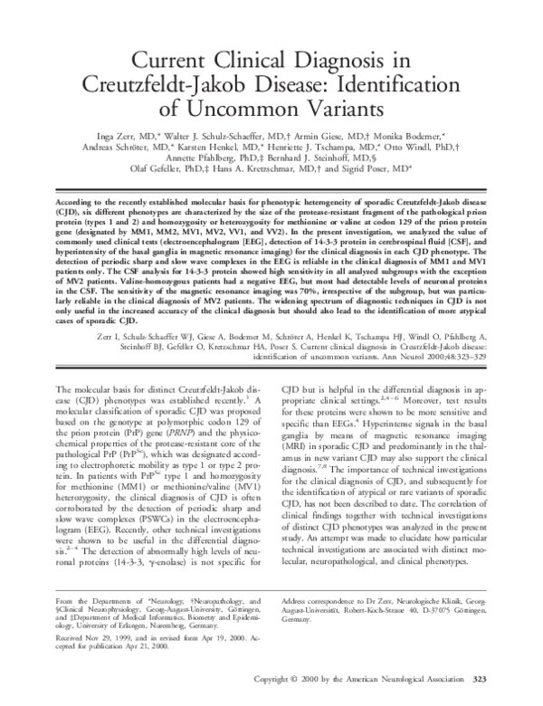 (PDF) Current clinical diagnosis in Creutzfeldt-Jakob disease ...