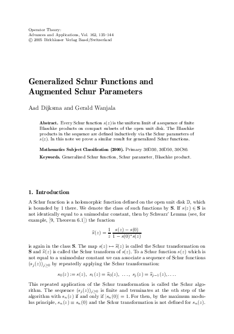(PDF) Generalized Schur Functions and Augmented Schur Parameters