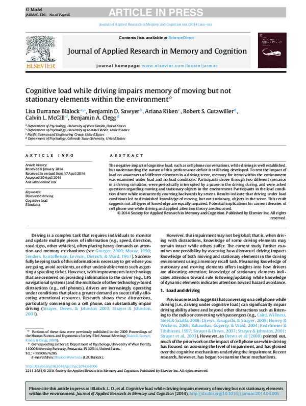 (PDF) Cognitive load while driving impairs memory of moving but not ...