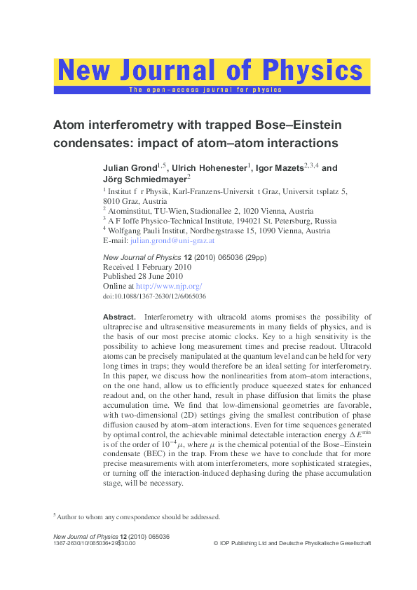 (PDF) Atom interferometry with trapped Bose–Einstein condensates ...