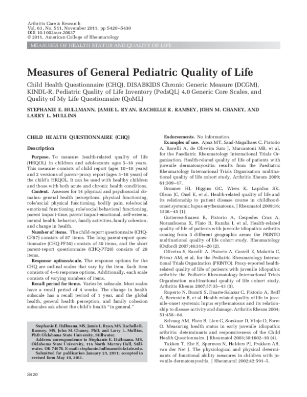 (PDF) Measures of general pediatric quality of life Child Health