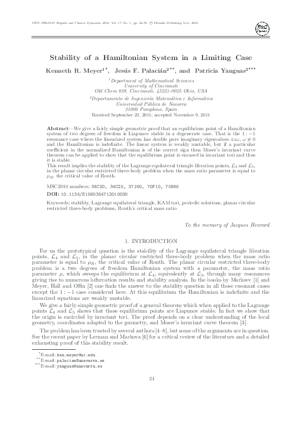 (PDF) Stability of a Hamiltonian system in a limiting case