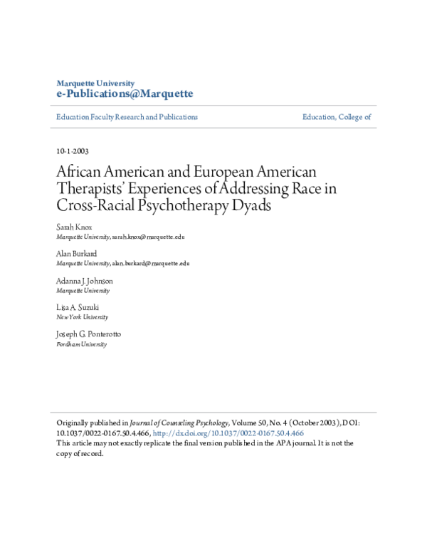 (PDF) African American and European American therapists' experiences of ...