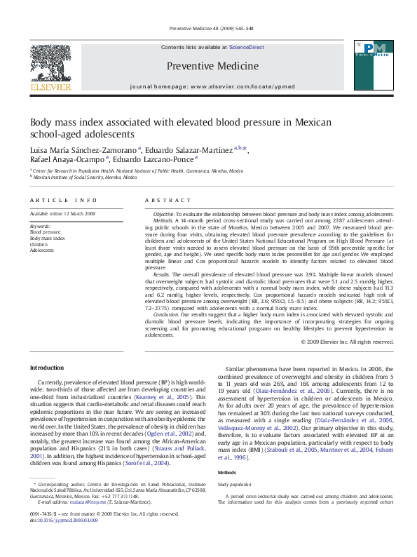 (PDF) Body mass index associated with elevated blood pressure in ...