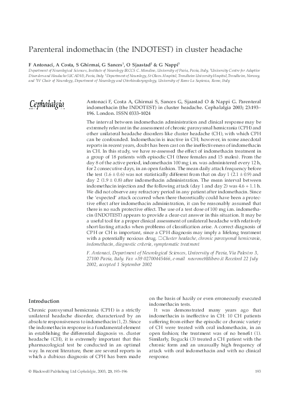 (PDF) Parenteral indomethacin (the INDOTEST) in cluster headache