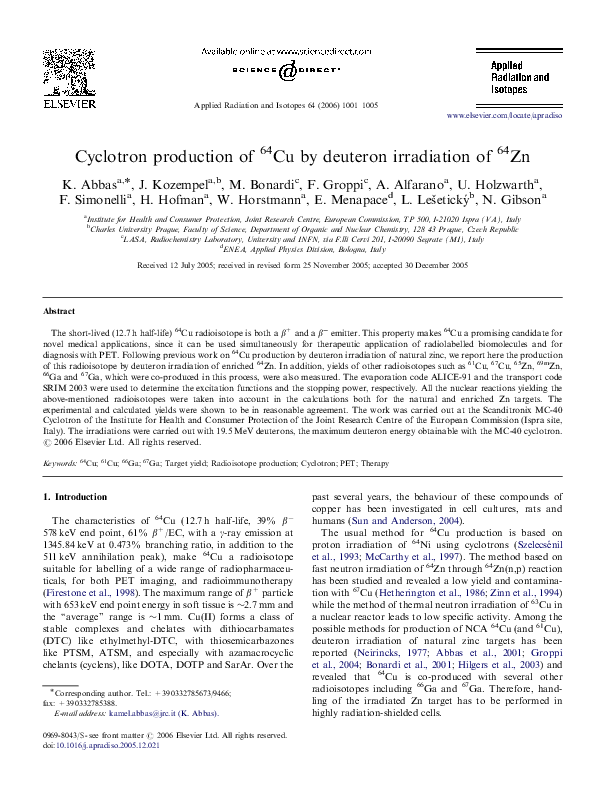 (PDF) Cyclotron production of 64Cu by deuteron irradiation of 64Zn
