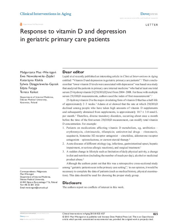(PDF) Response to vitamin D and depression in geriatric primary care