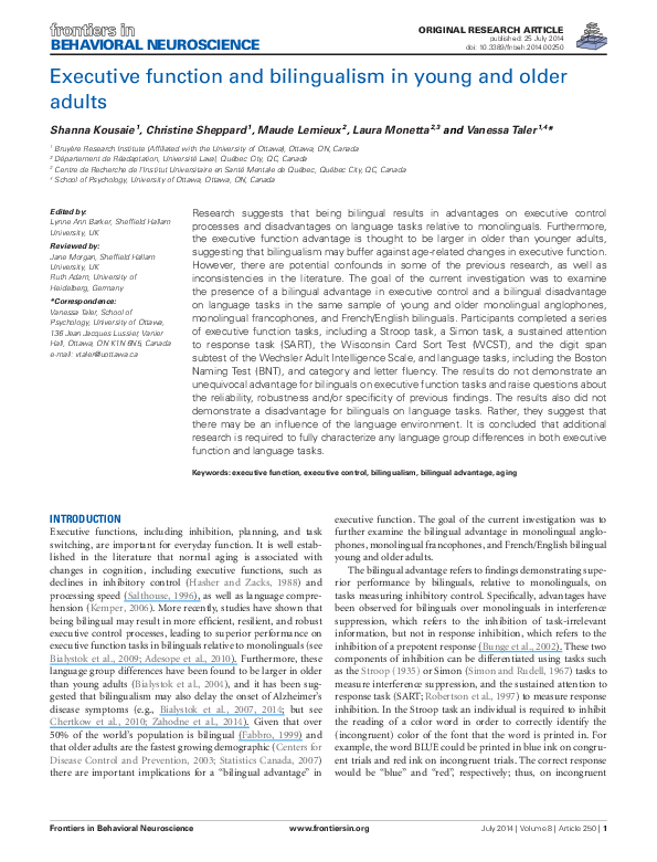 (PDF) Executive function and bilingualism in young and older adults
