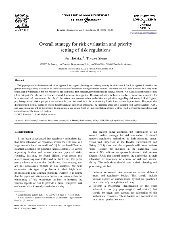 (PDF) Overall strategy for risk evaluation and priority setting of risk ...