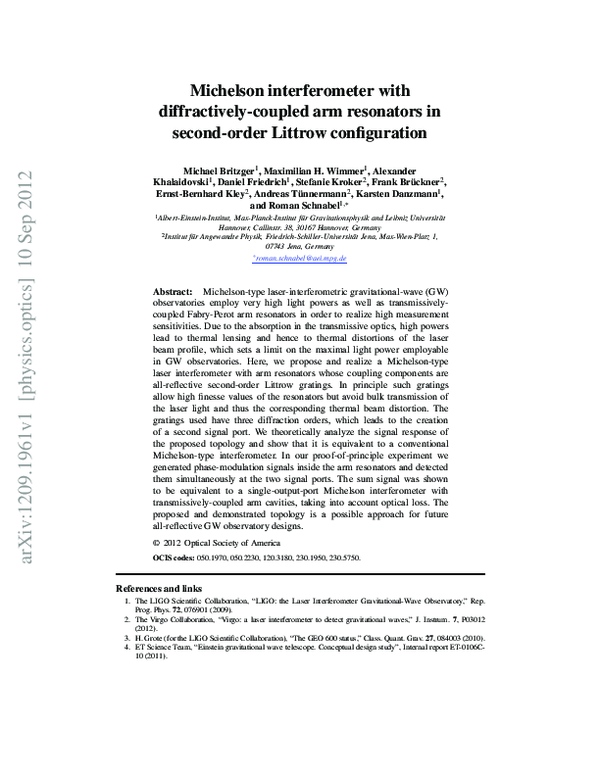 (PDF) Michelson interferometer with diffractively-coupled arm ...