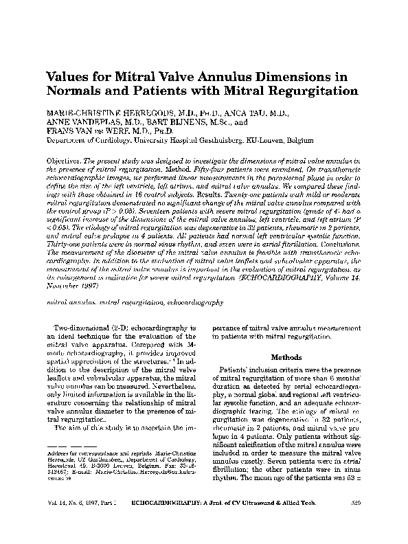 (PDF) Values for Mitral Valve Annulus Dimensions in Normals and ...