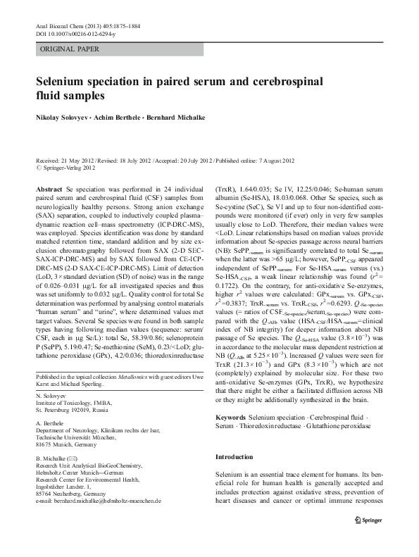 (PDF) Selenium speciation in paired serum and cerebrospinal fluid samples
