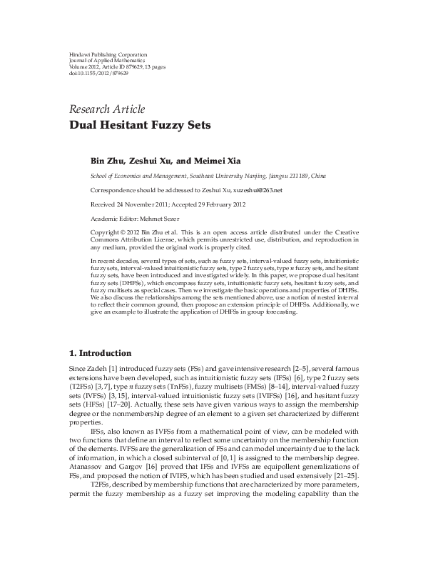 (PDF) Dual hesitant fuzzy sets