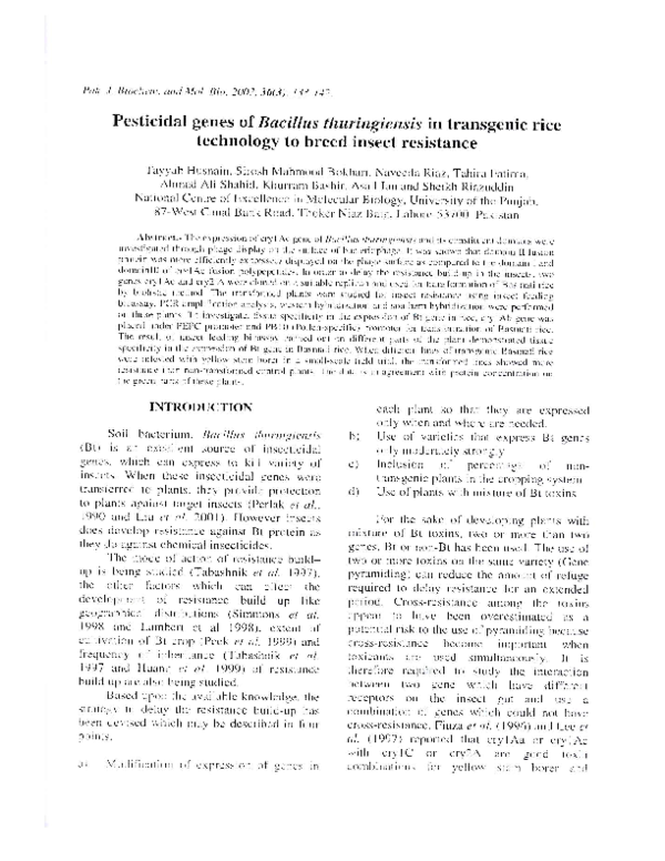 Pdf Pesticidal Genes Of Bacillus Thuringiensis In Transgenic Rice Technology To Breed Insect Resistance Khurram Bashir Academia Edu