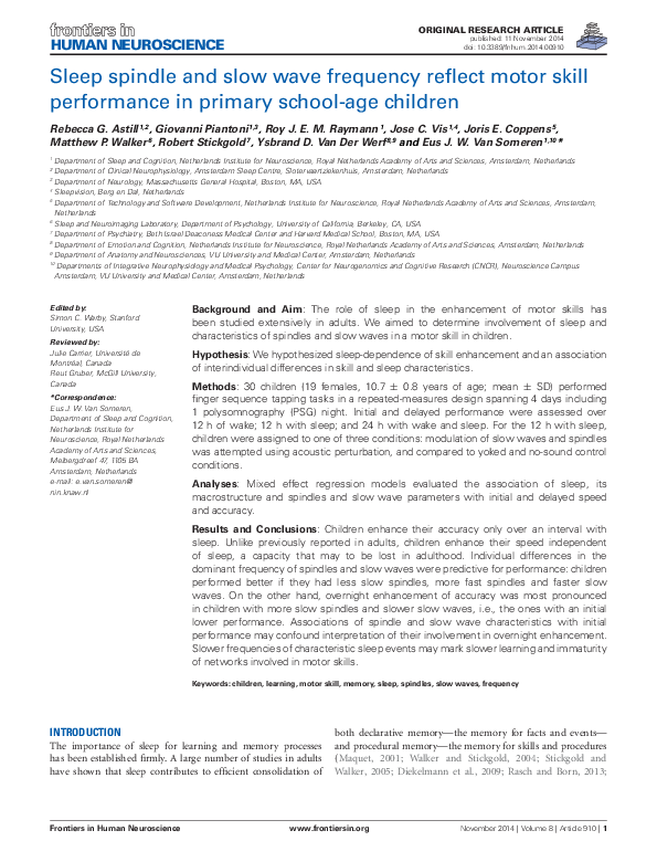 (PDF) Sleep spindle and slow wave frequency reflect motor skill ...