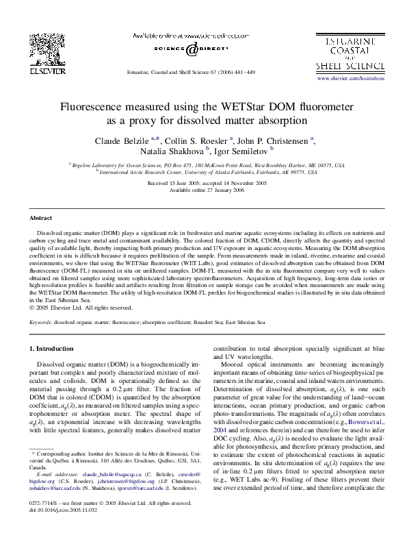 (PDF) Fluorescence measured using the WETStar DOM fluorometer as a